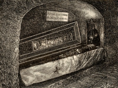 Гробница с мощ. прп. Евф. Полоцк. в дальн. пещерах, гравюра XIX в. 6-Гробница с мощ. прп. Евф. Полоцк. в дальн. пещерах, гравюра XIX в.